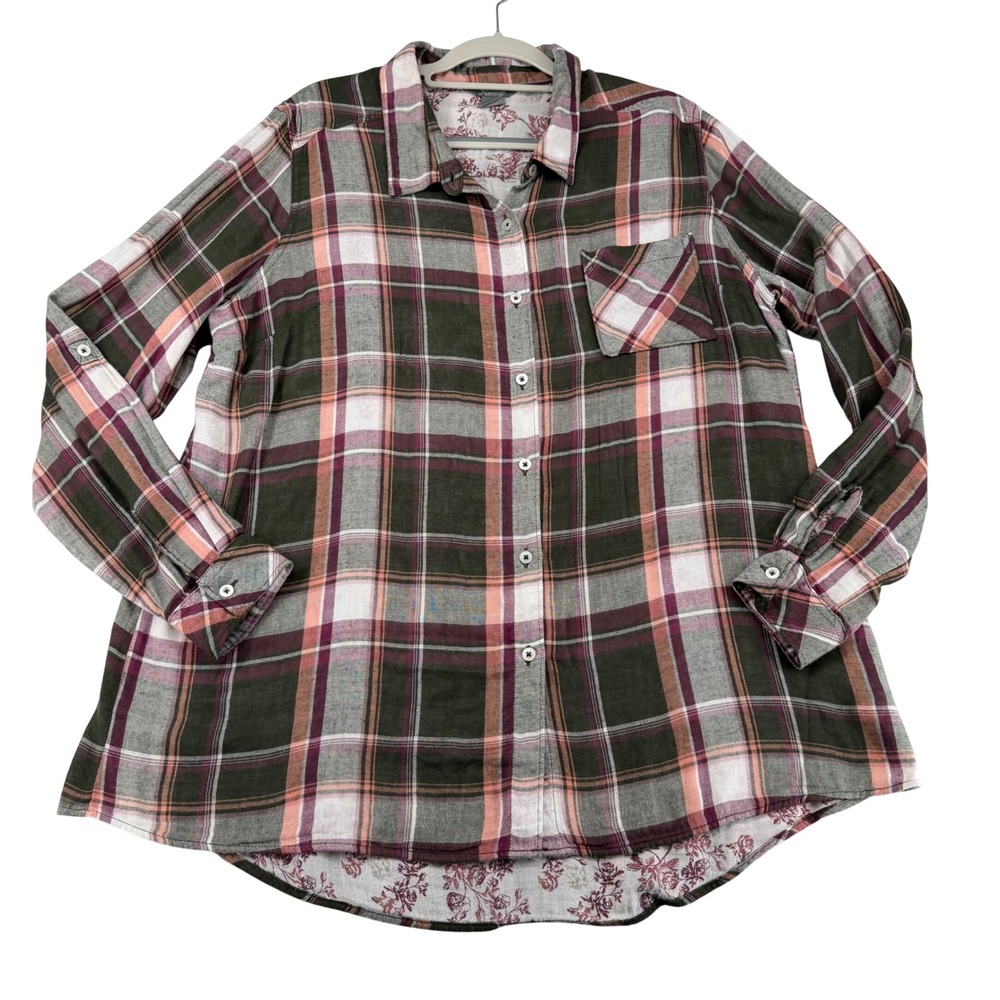 Natural Reflections Plaid Floral Flannel Shirt Womens XL Green Pink Roll Tab